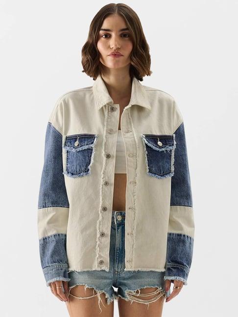 the souled store white & blue cotton color-block jacket