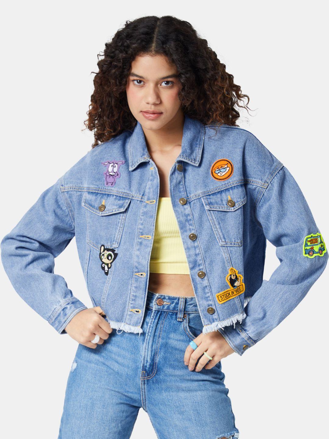 the souled store women blue cartoon network stuck in 90's denim jacket