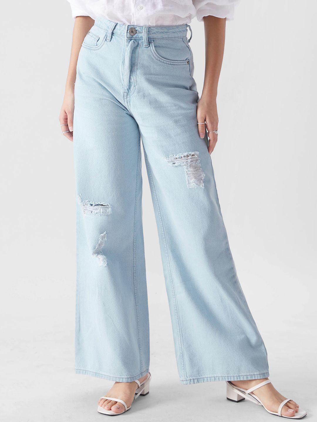 the souled store women blue mid-rise wide leg mildly distressed stretchable jeans