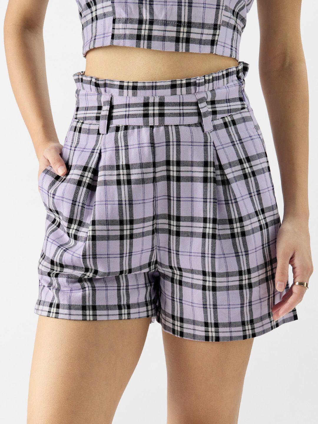 the souled store women lavender checked regular shorts