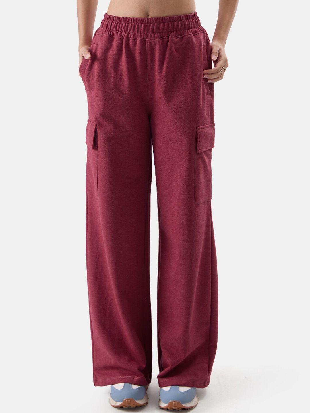 the souled store women maroon relaxed-fit pure cotton track pants
