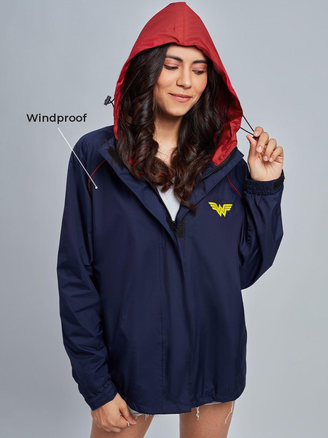 the souled store women navy blue & red wonder women logo windcheater outdoor sporty jacket