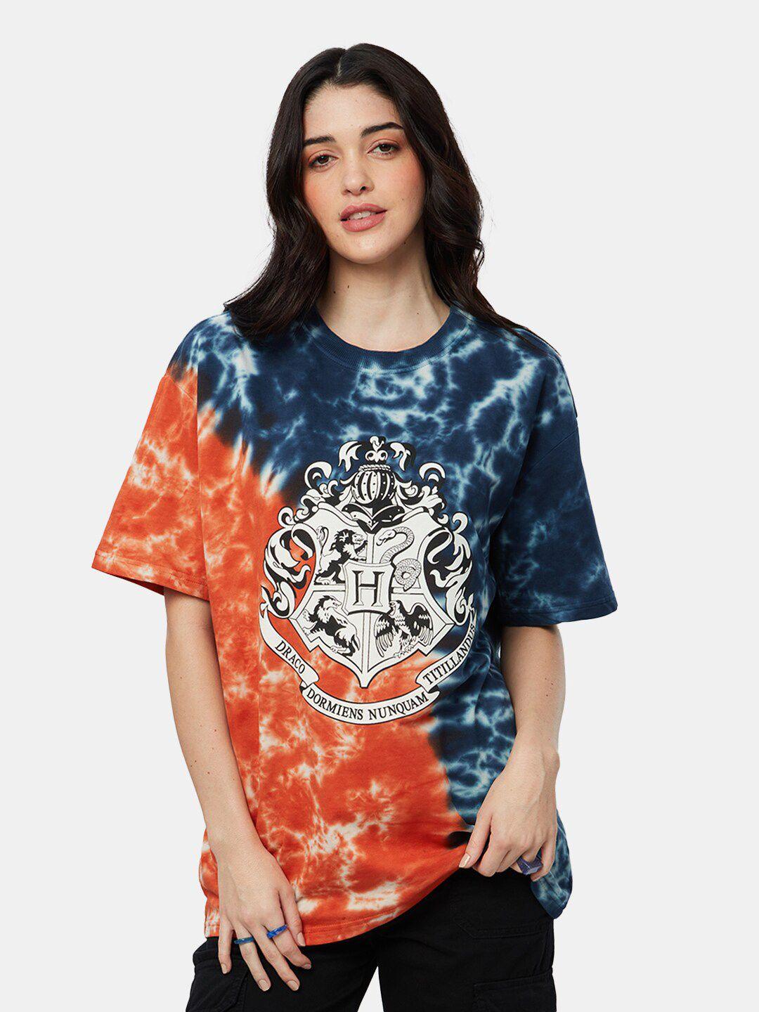 the souled store women orange & blue cotton printed oversized t-shirt