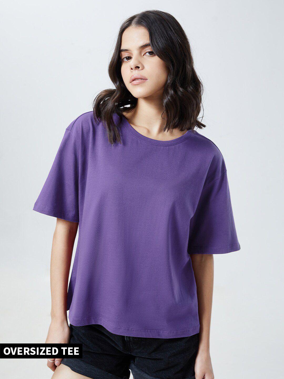 the souled store women purple drop-shoulder sleeves oversized t-shirt