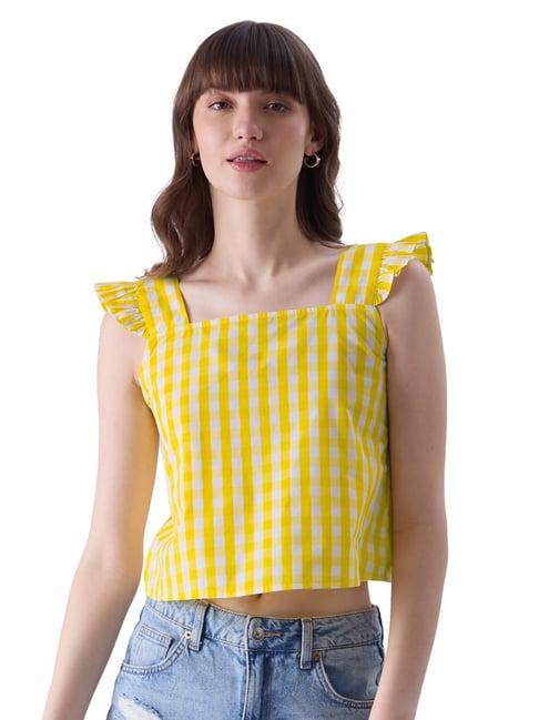 the souled store yellow & white checks crop top