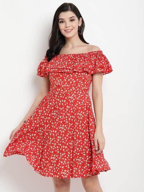 the vanca red floral print fit & flare dress