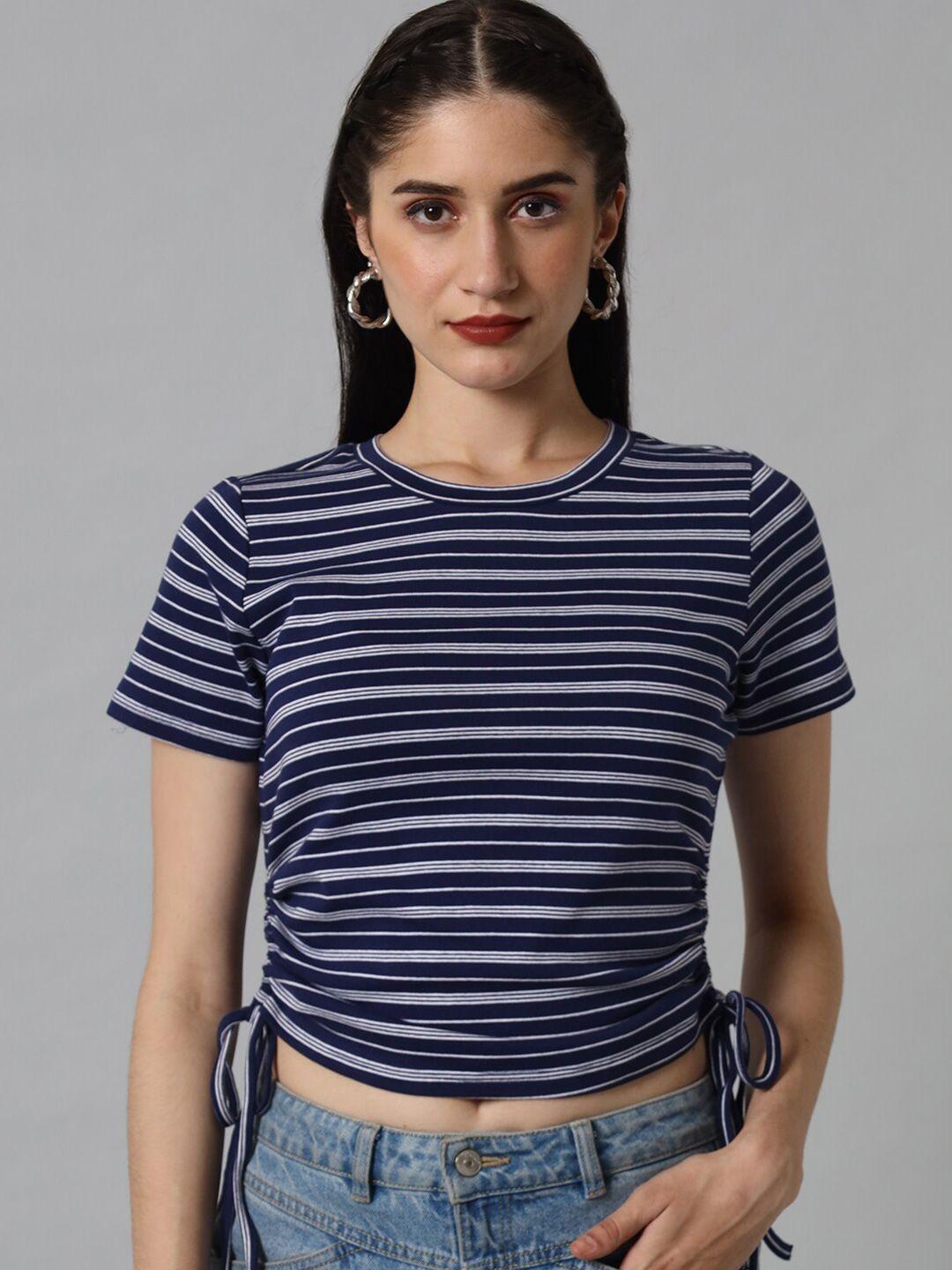 the vanca women blue striped round neck crop top
