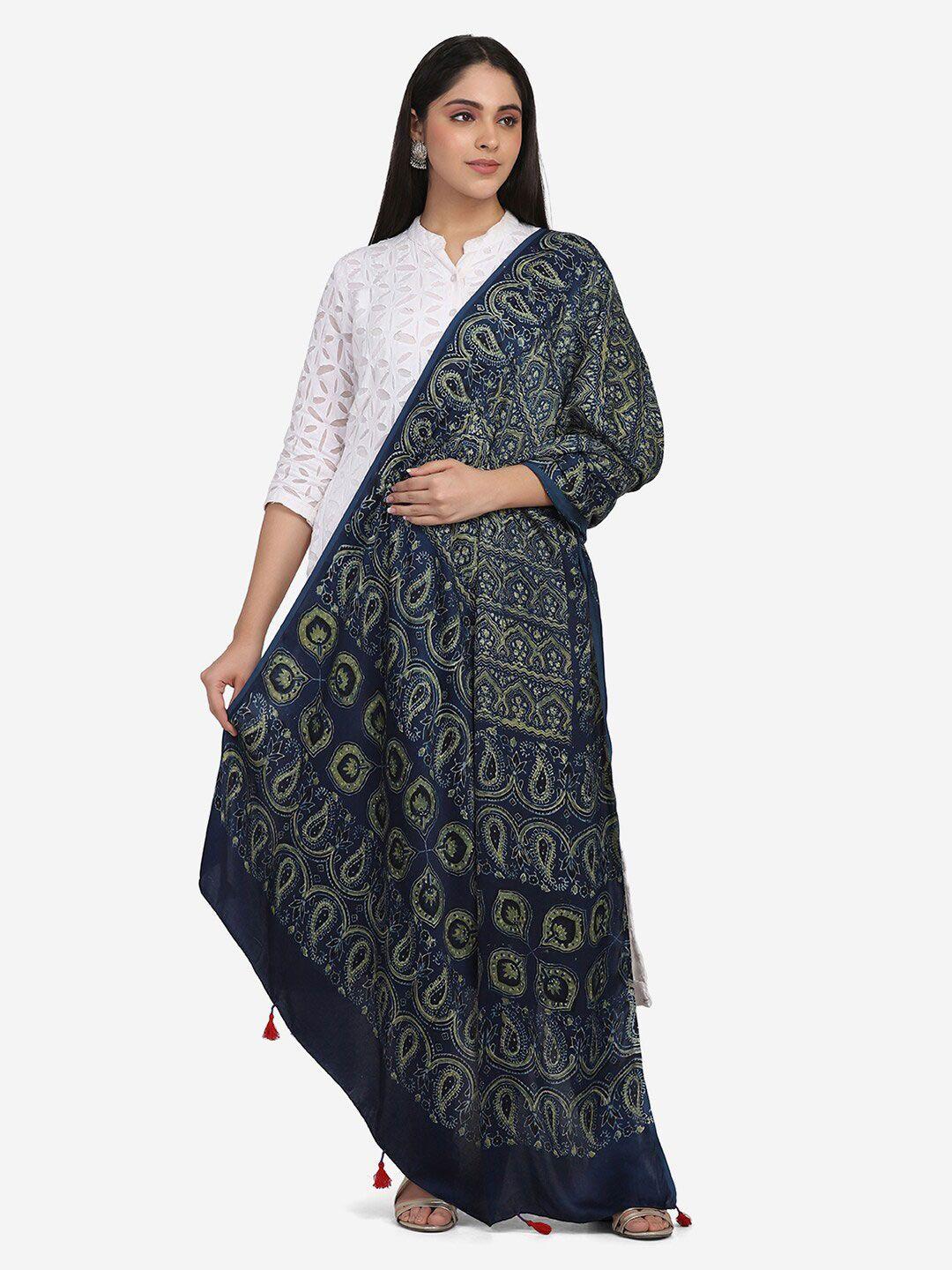 the weave traveller blue & green ethnic motifs printed viscose rayon block print dupatta