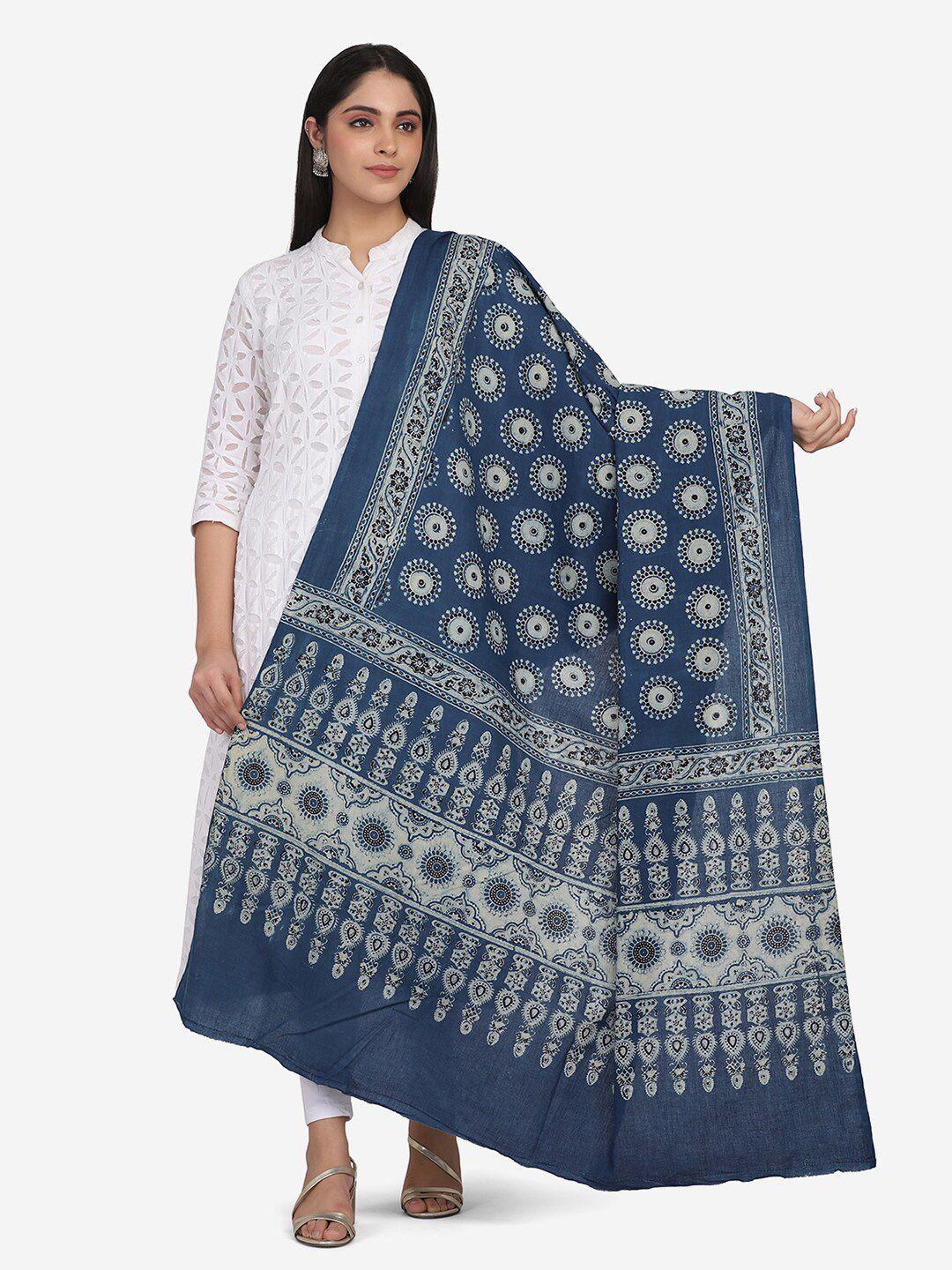 the weave traveller blue & white ethnic motifs printed pure cotton block print dupatta