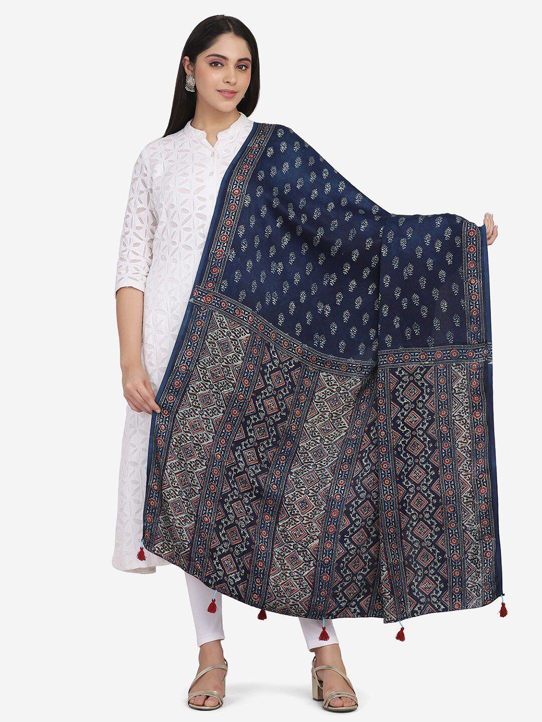 the weave traveller blue & white ethnic motifs printed viscose rayon block print dupatta
