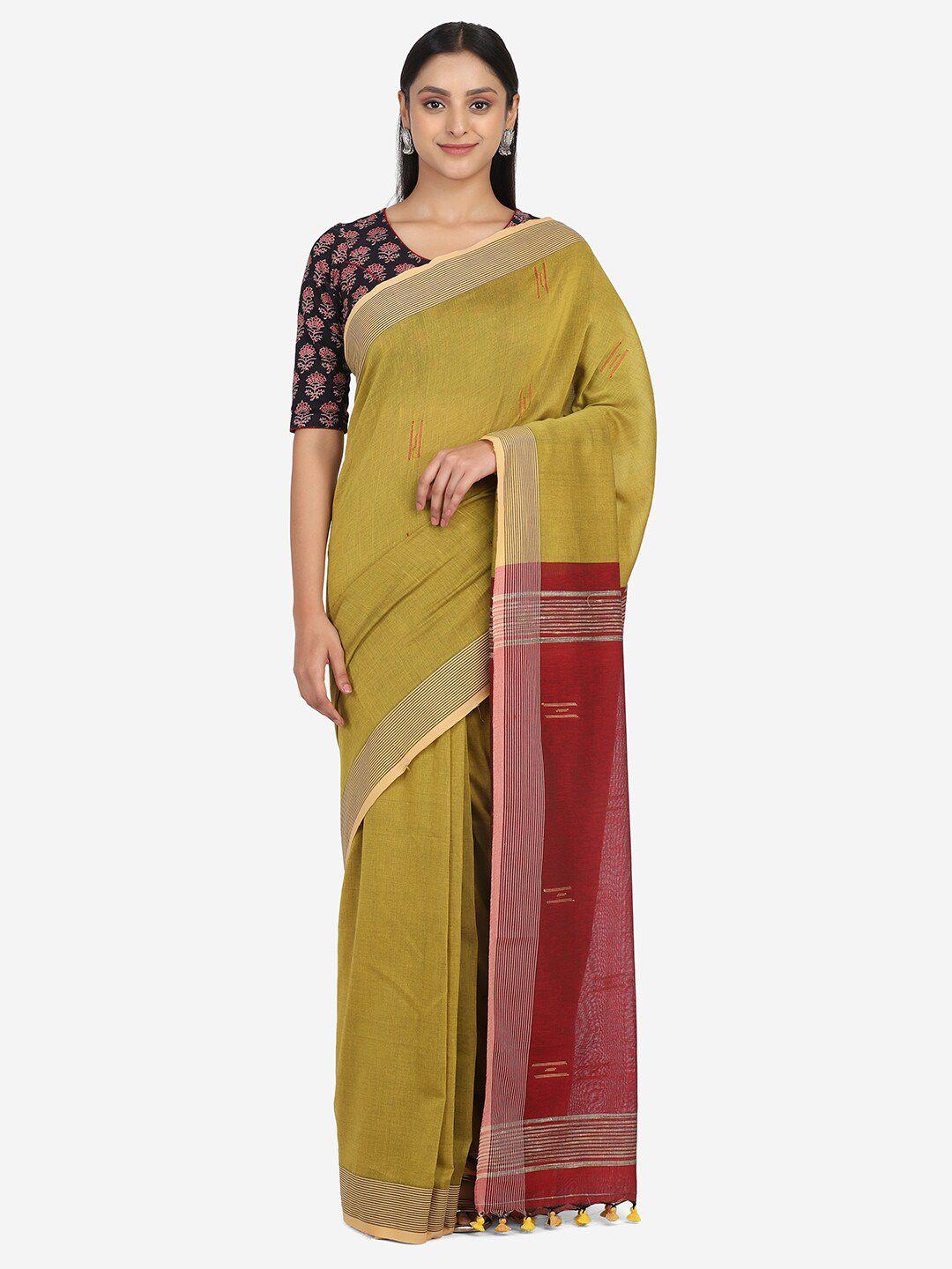 the weave traveller khaki & maroon solid zari pure cotton saree