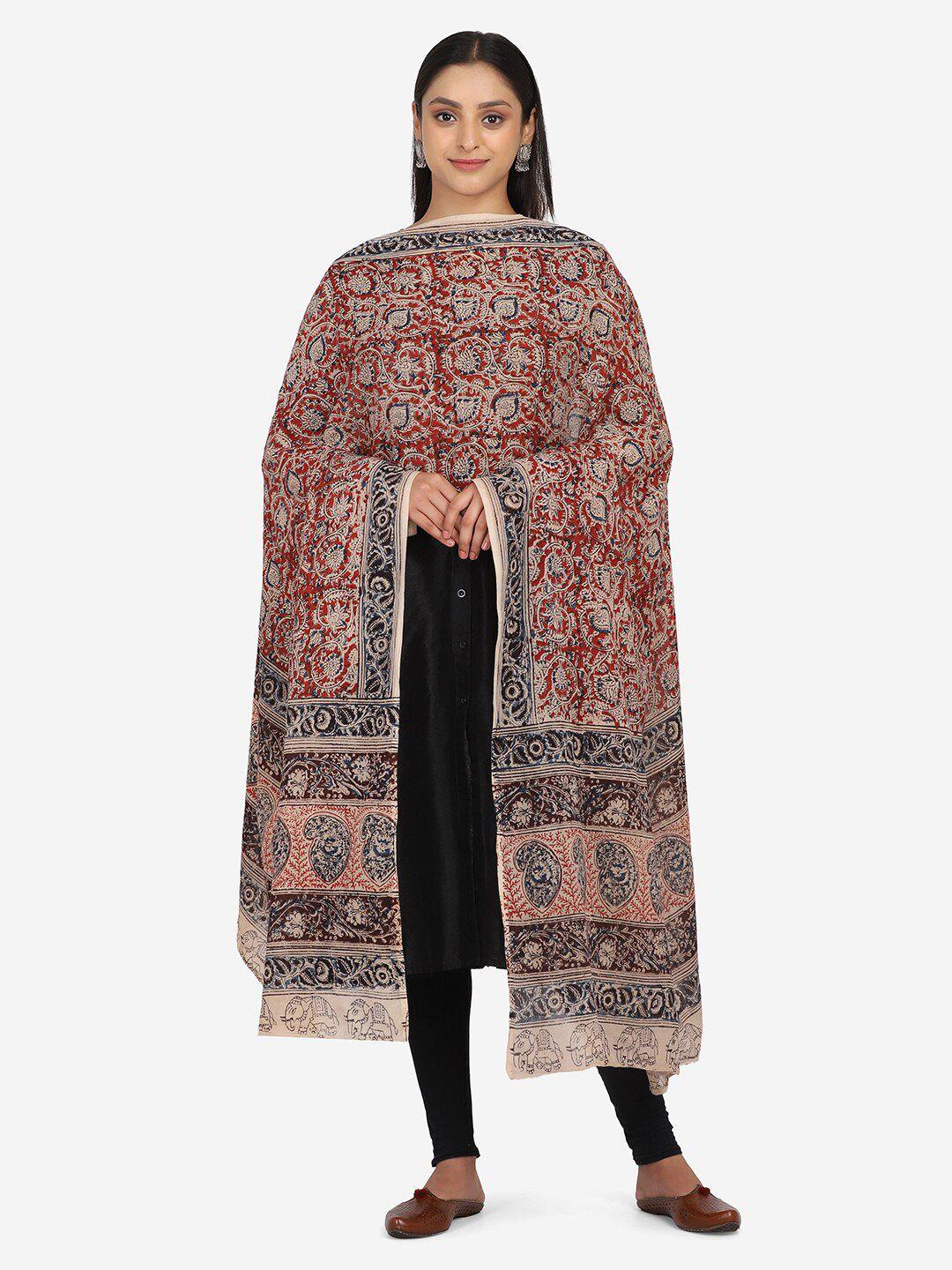 the weave traveller red & grey ethnic motifs printed pure cotton kalamkari dupatta