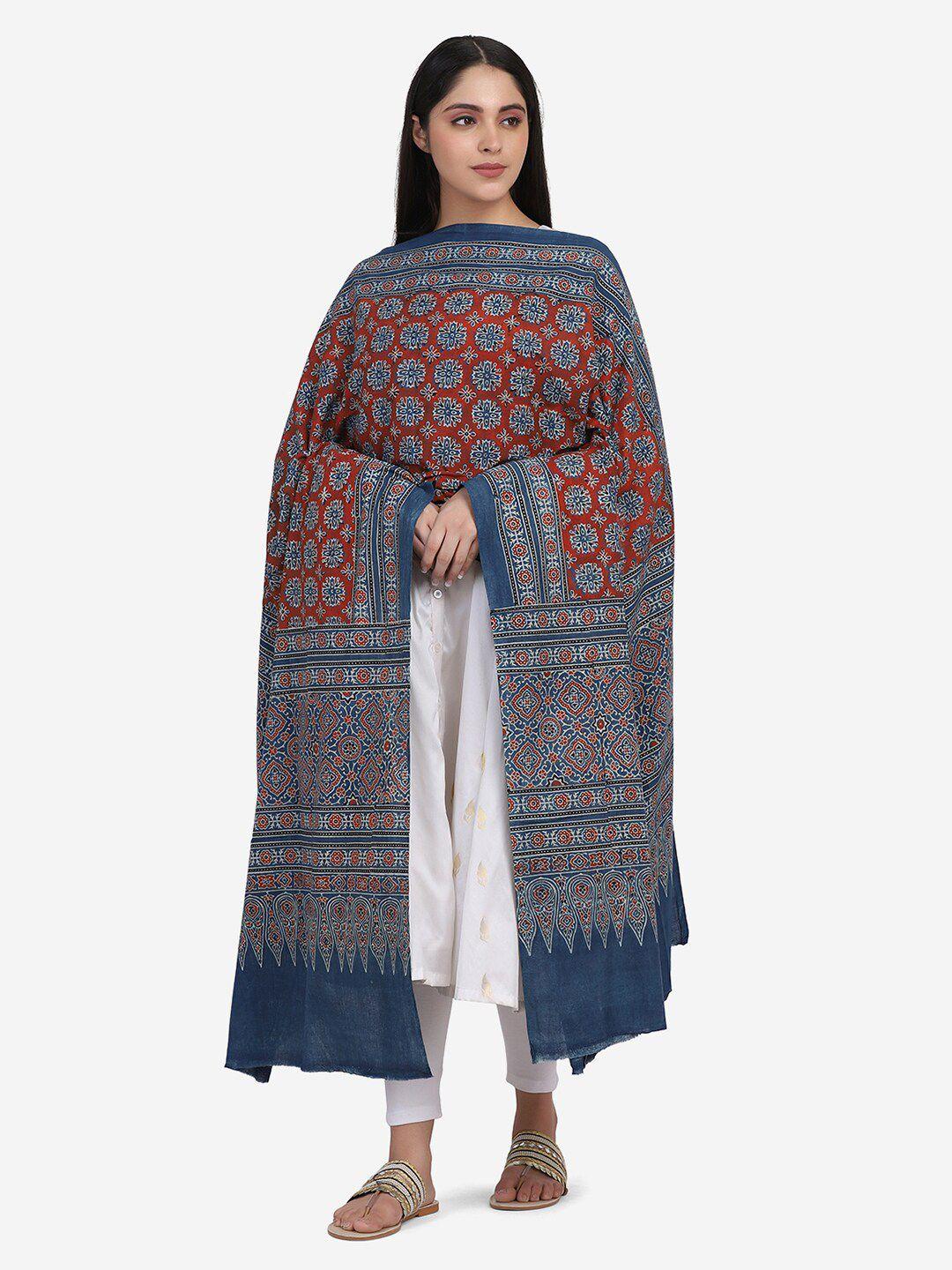 the weave traveller rust & blue ethnic motifs printed pure cotton block print dupatta
