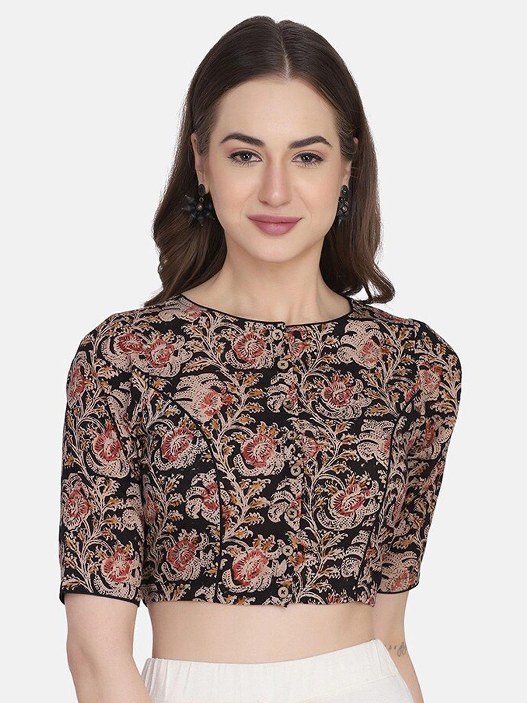 the weave traveller women black printed pure cotton readymade saree blouse