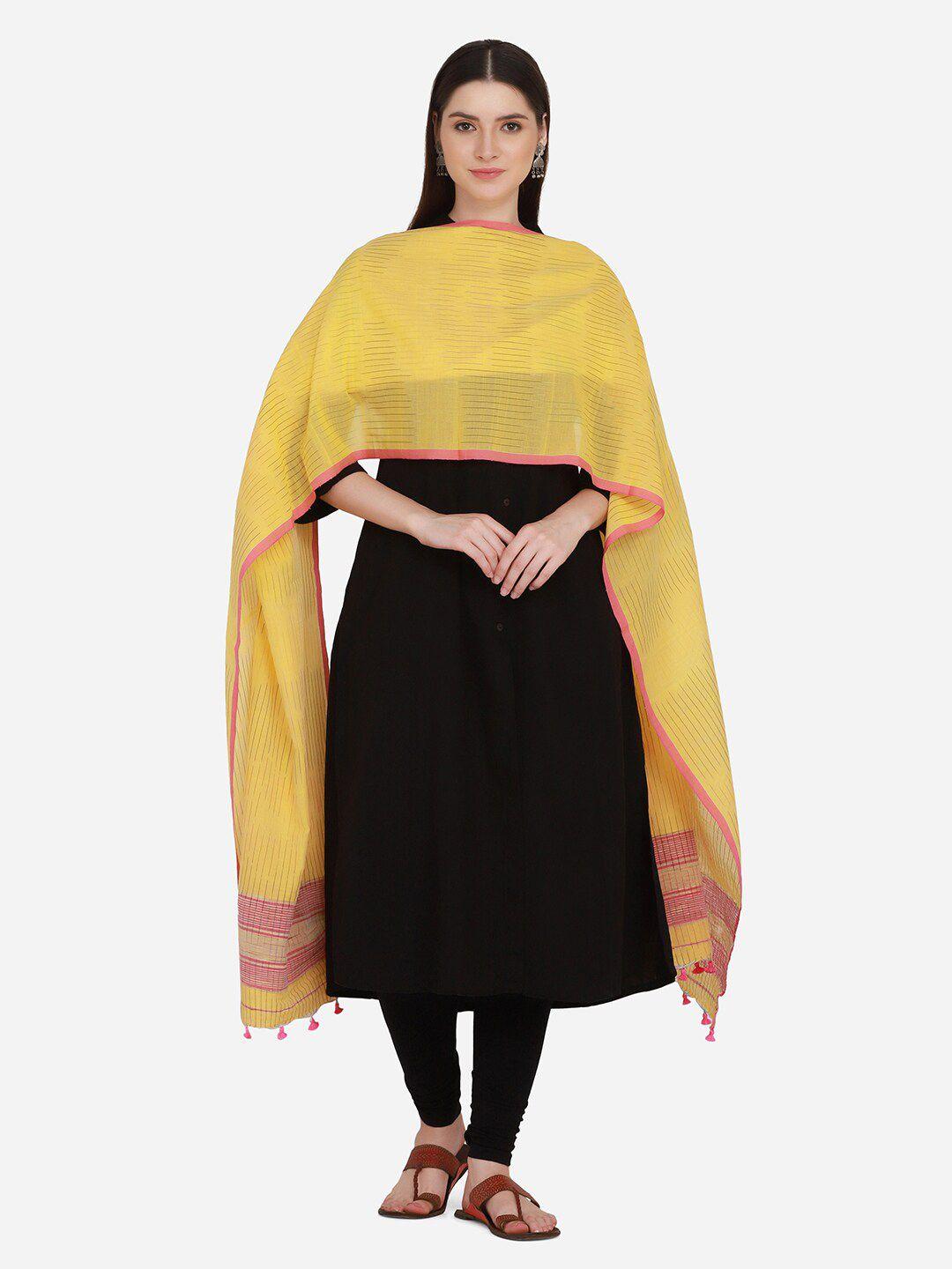 the weave traveller women yellow & pink striped pure cotton dupatta