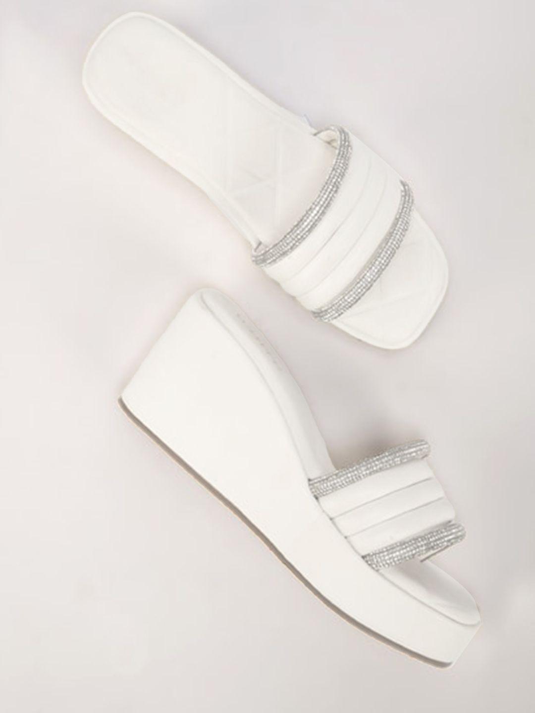 the white pole embellished square toe wedges heels