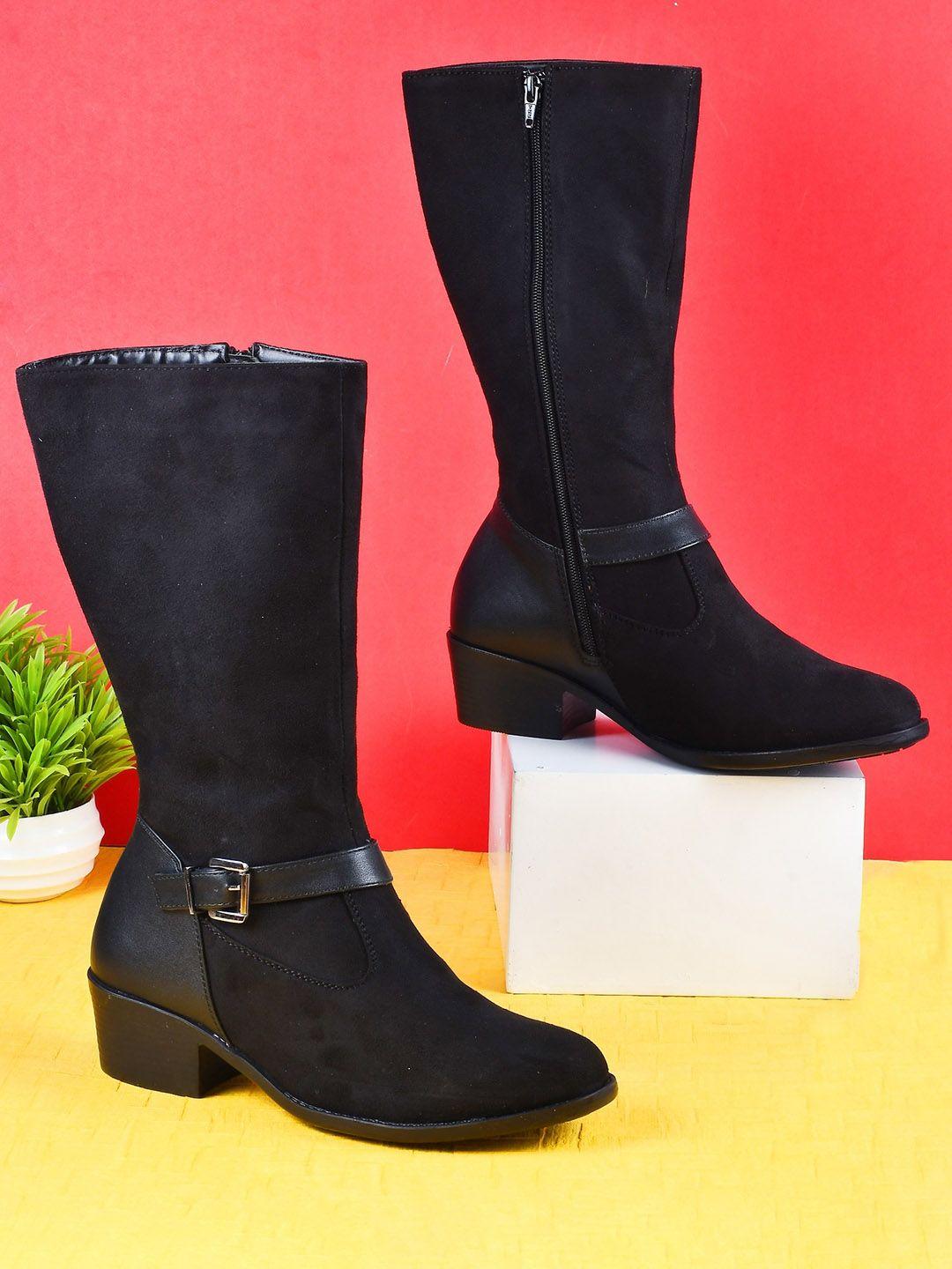 the white pole women black solid high-top long block heeled boots