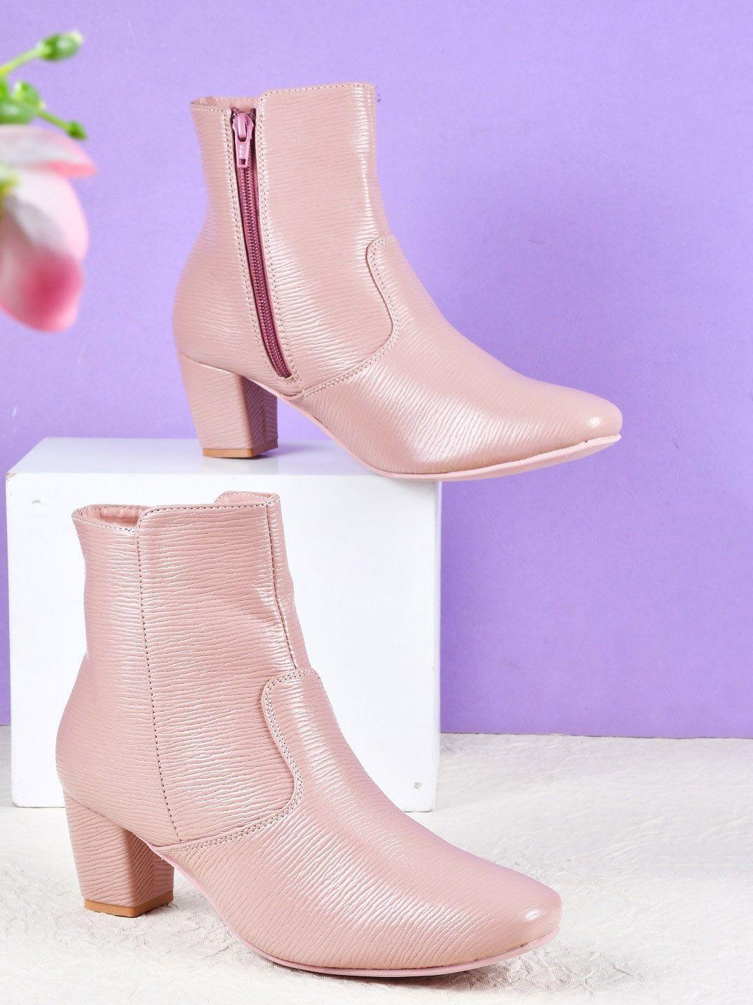 the white pole women pink solid textured block heeled short boots