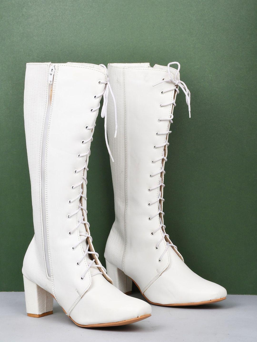 the white pole women white solid leather long block heeled boots