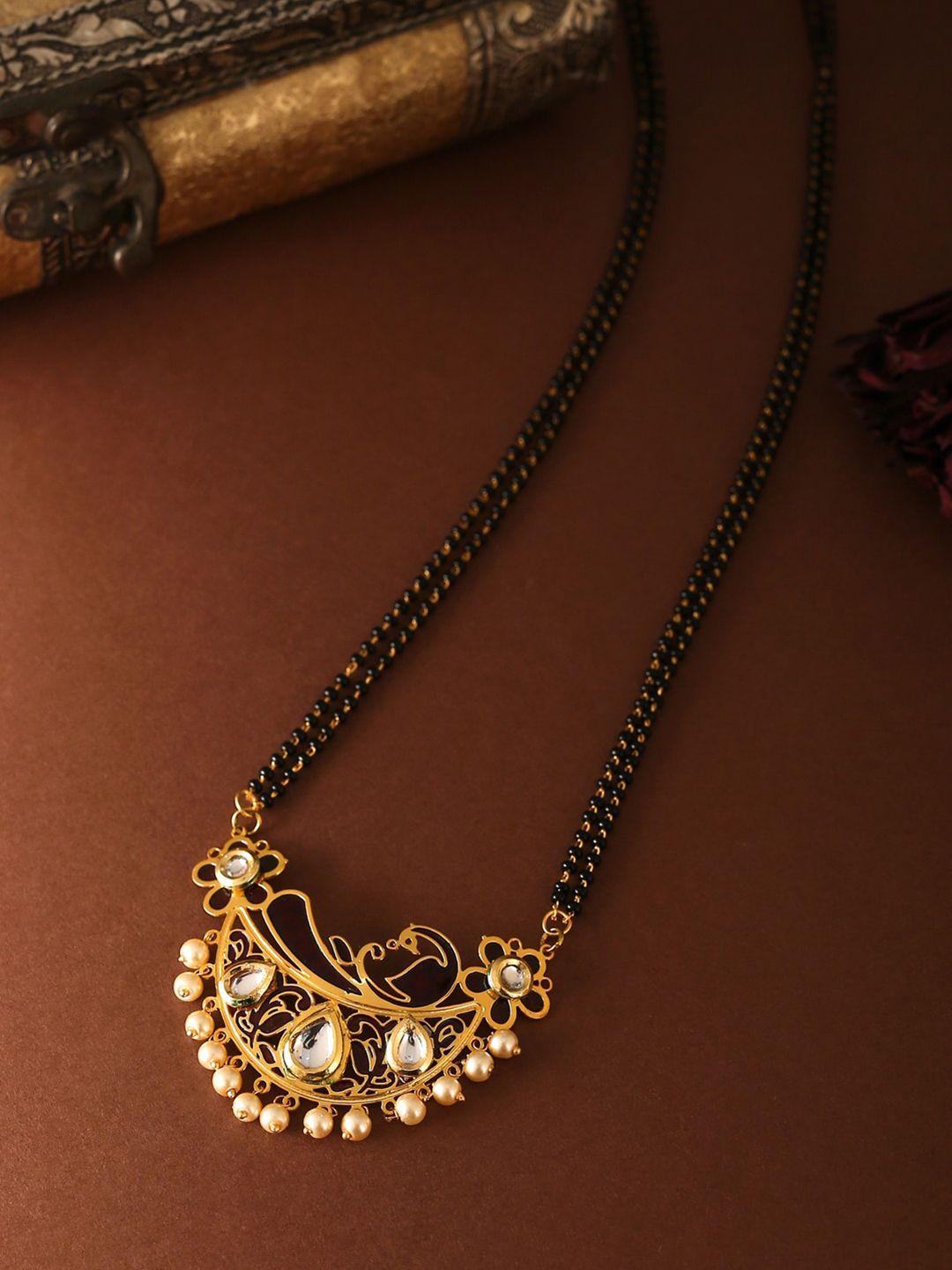 the aab studio  gold-plated & white kundan-studded black beaded maroon mangalsutra set