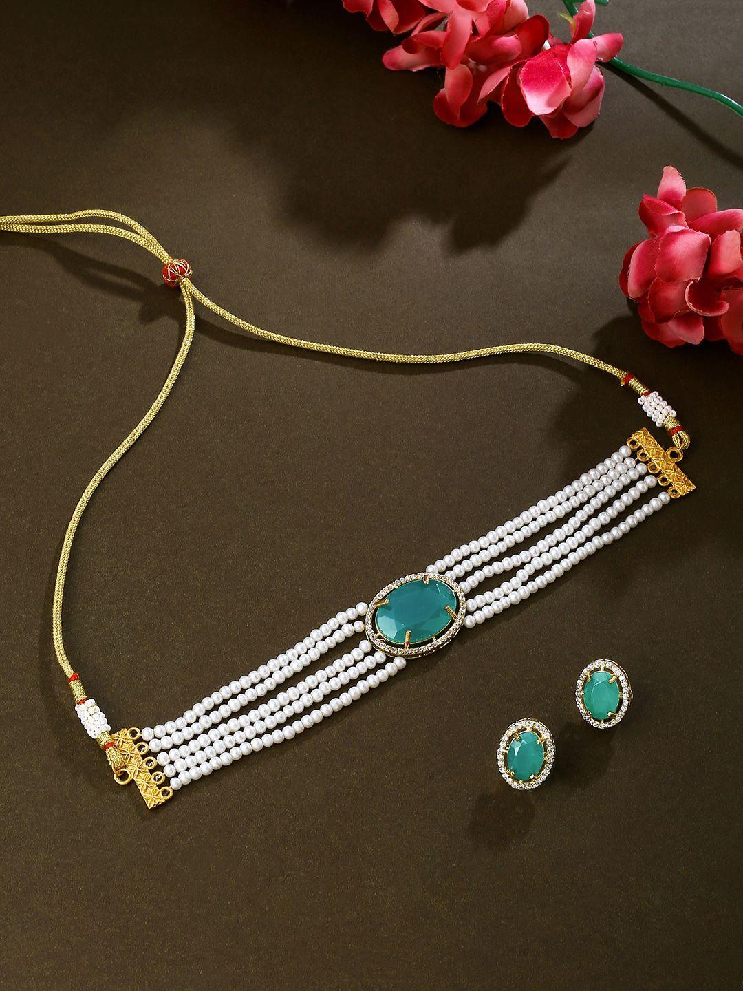 the aab studio women gold-plated green ad & pearl beaded stone-studded jewellery set