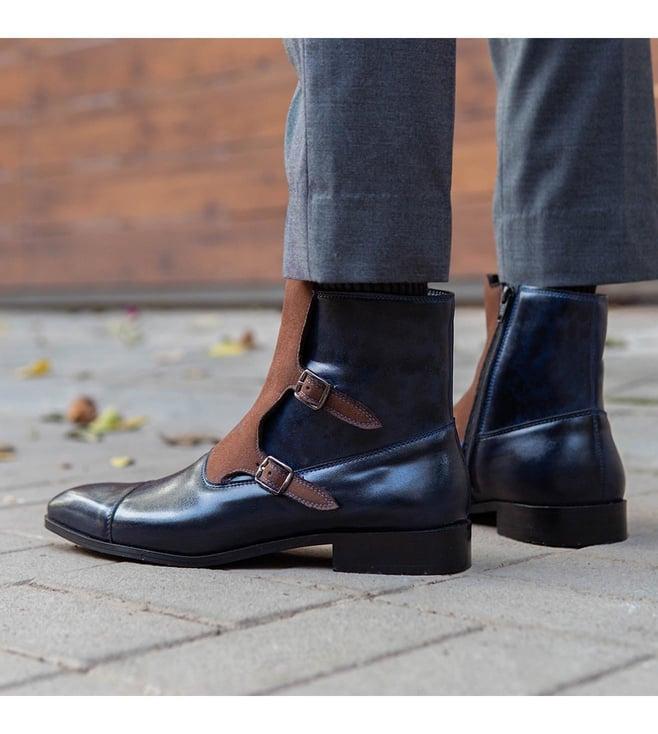 the alternate navy blue monk strap boots with suede strap