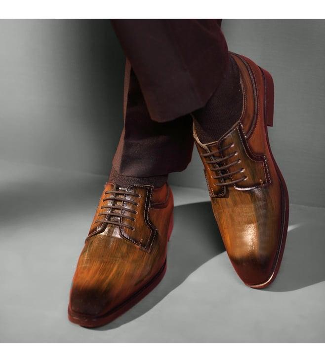 the alternate tan & green derby lace ups with brushed patina