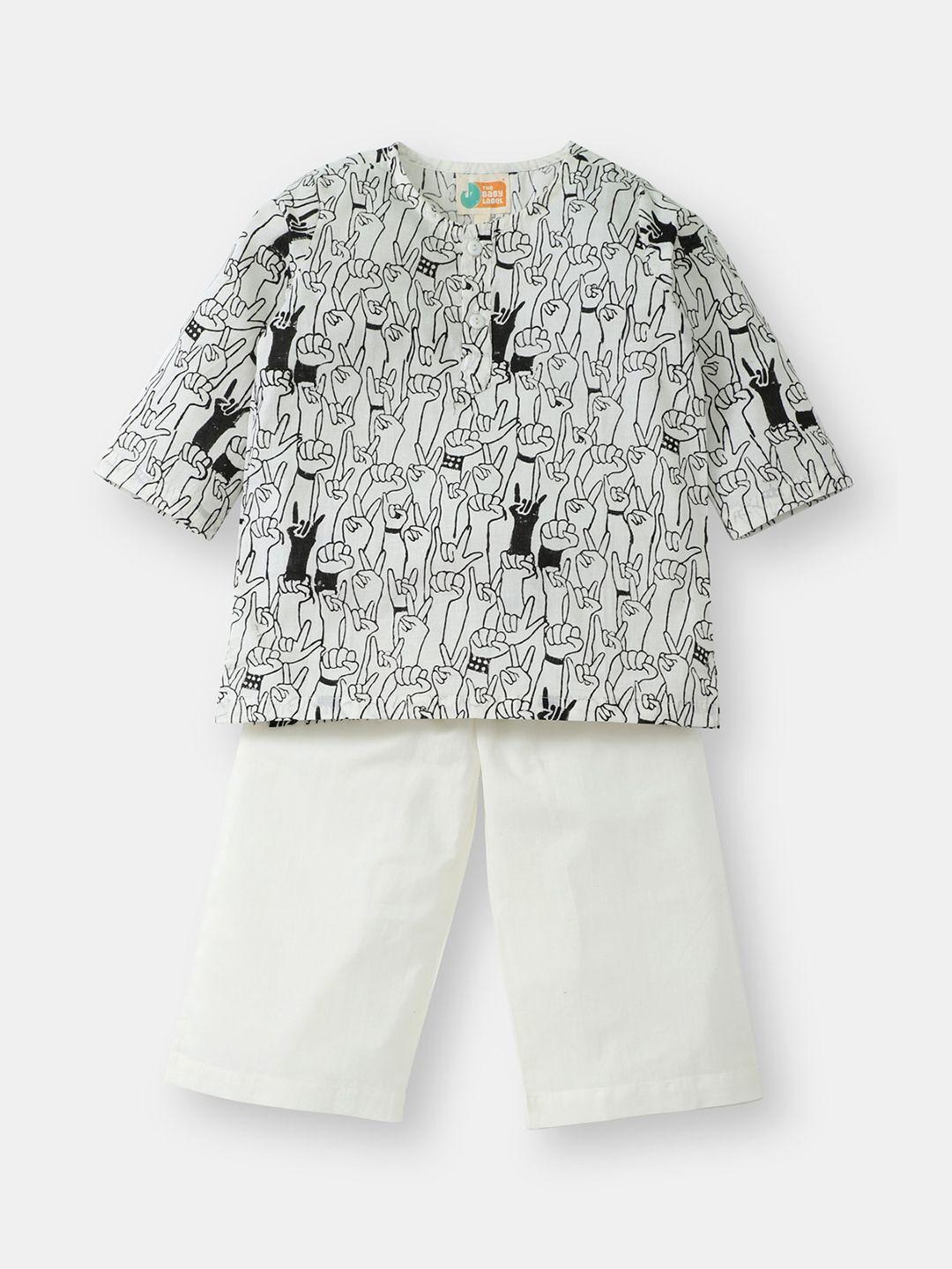 the baby label kids black & white hand-block rock star hand print kurta pajama set