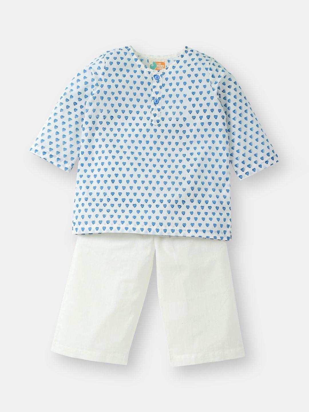 the baby label kids blue & white hand-block hearts printed pure cotton kurta with pyjamas