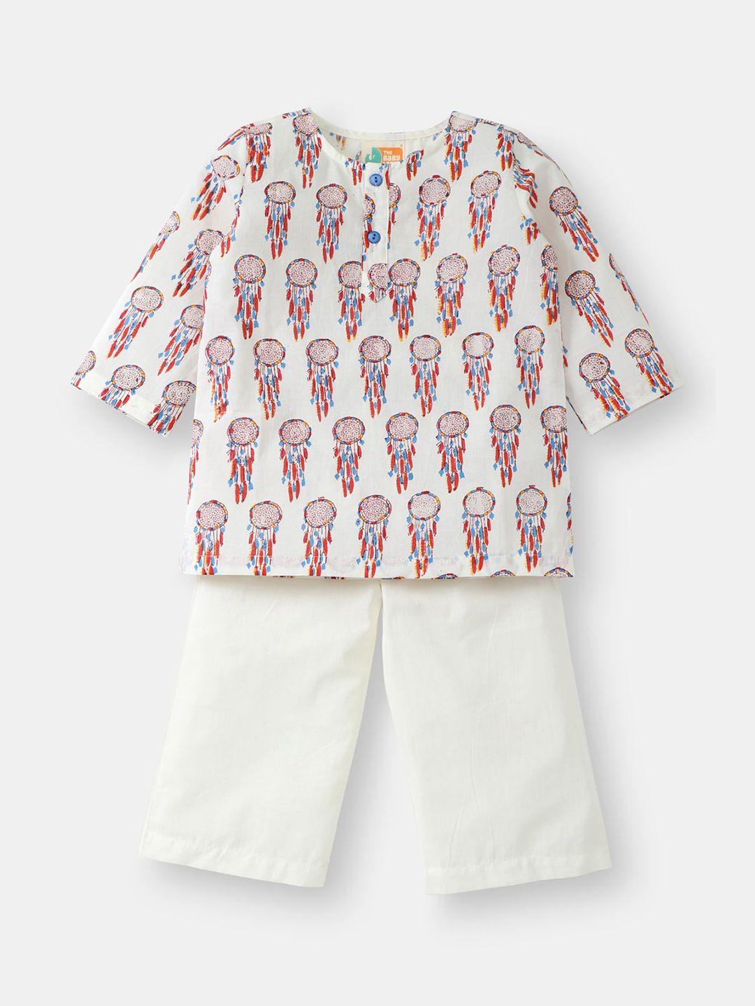 the baby label kids red & white hand-block dreamcatcher printed kurta pajama set