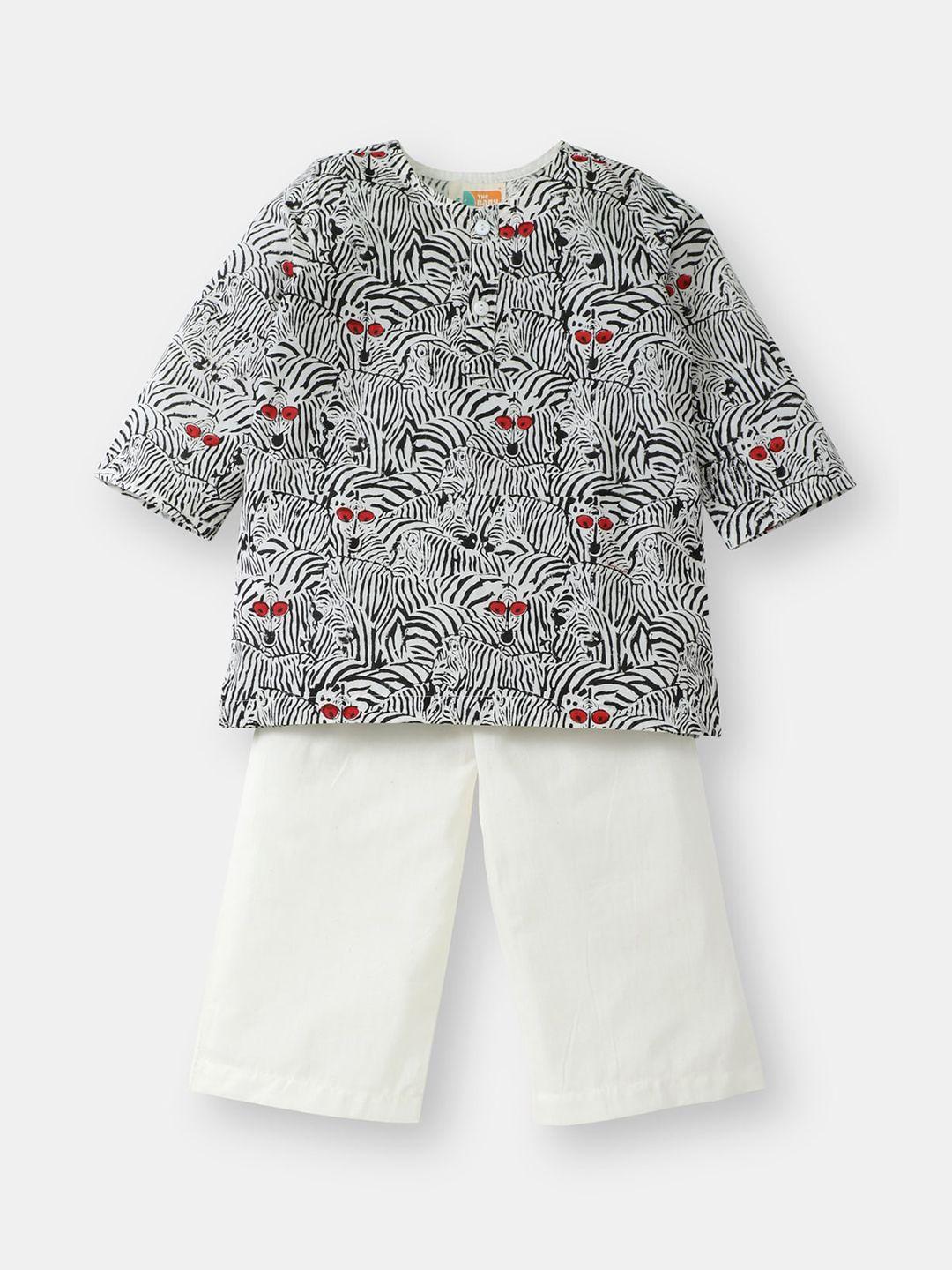 the baby label unisex black & white hand-block zebra print kurta pajama set