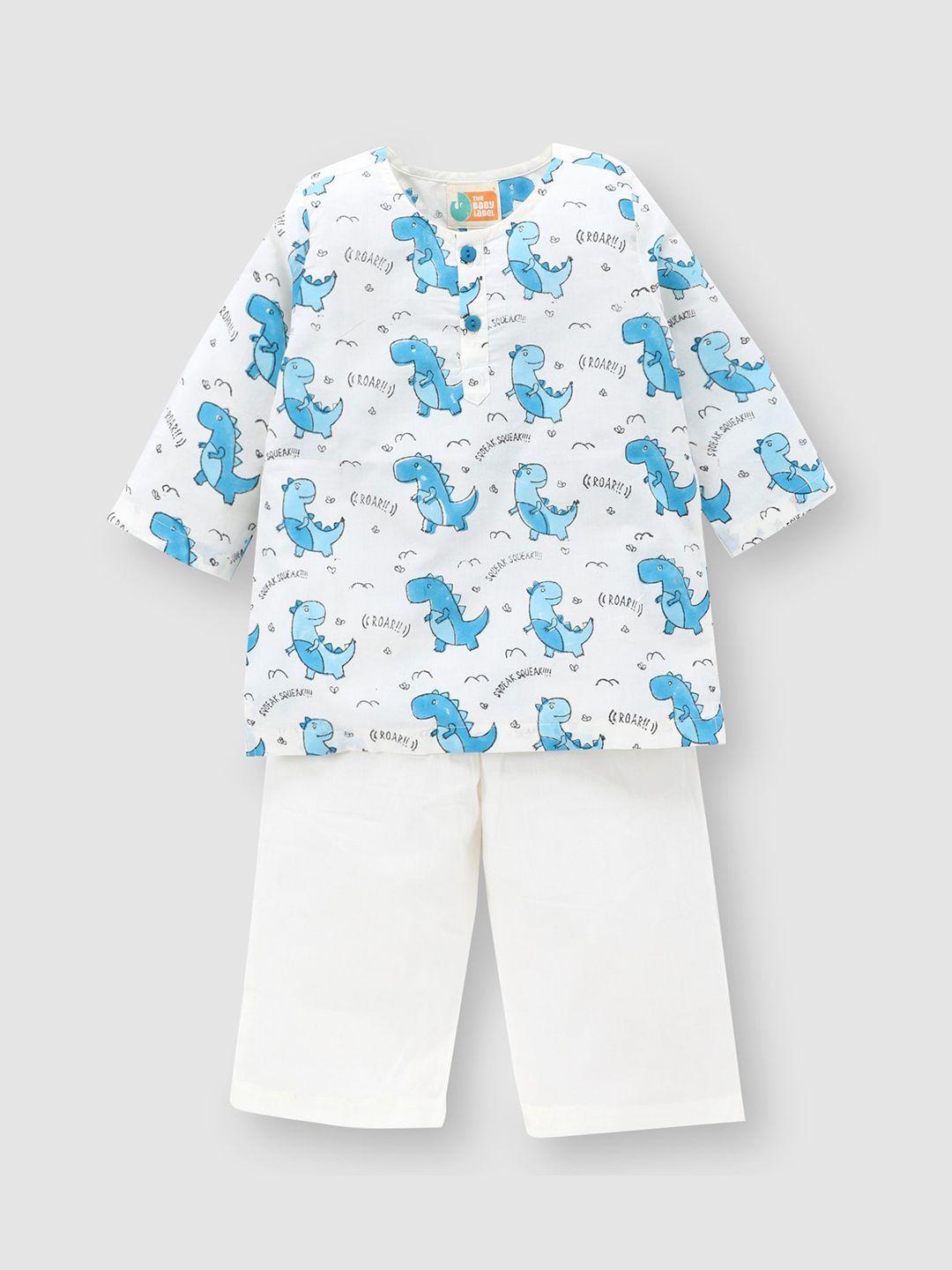 the baby label unisex kids blue pure cotton leo the dino hand-block print kurta pyjama set