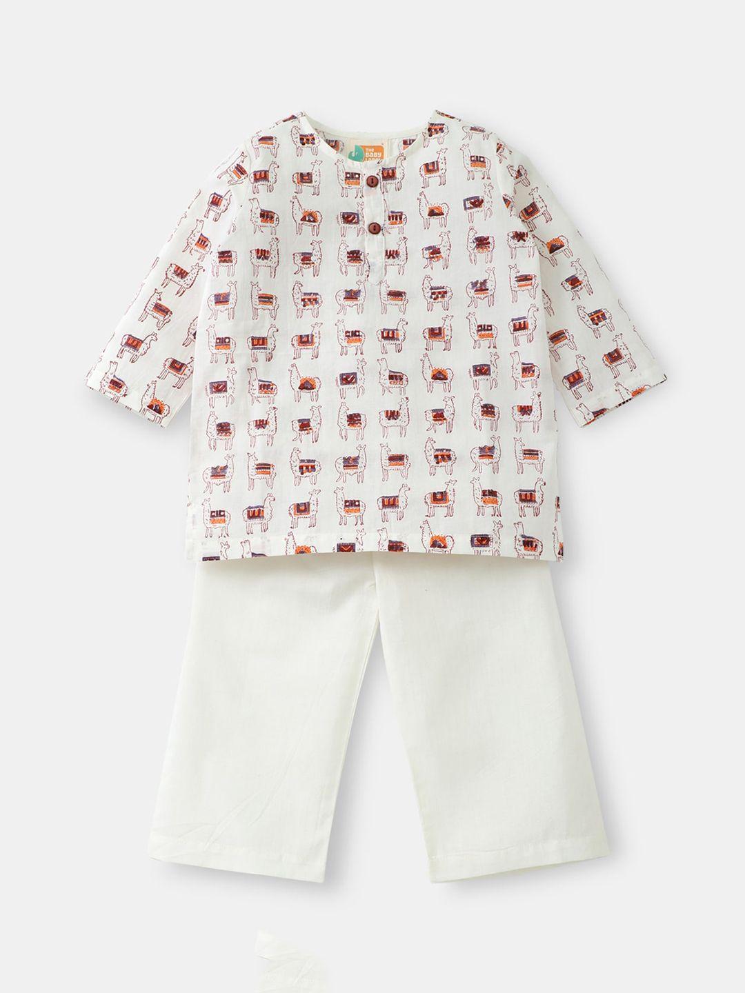 the baby label unisex maroon & white kurta pajama set in hand-block llama print