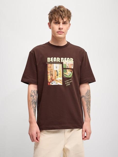 the bear house brown cotton loose fit printed t-shirt