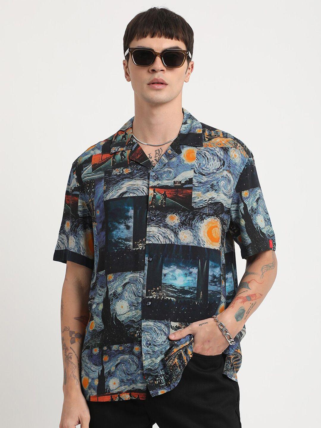 the bear house graphic printed cuban collar casual shirt