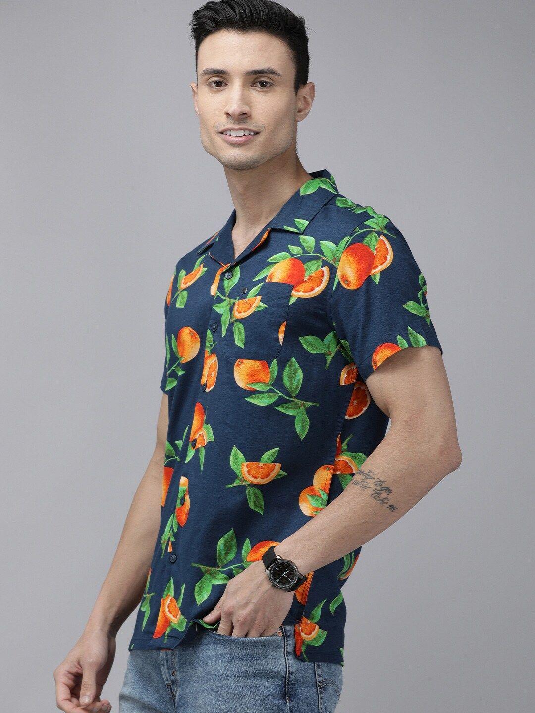 the bear house graphic printed cuban collar slim fit casual shirt