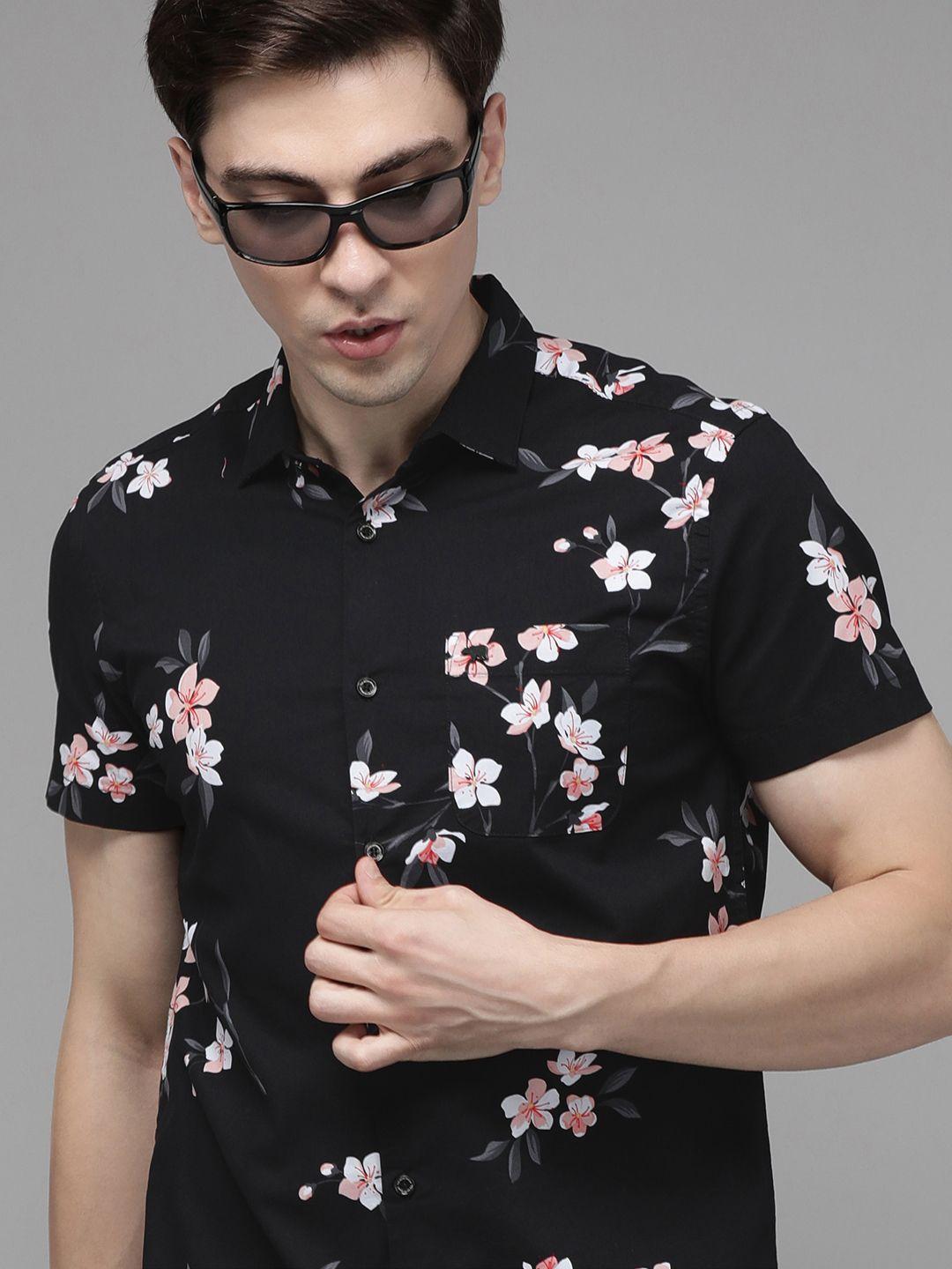 the bear house men black slim fit floral printed pure cotton resort wear casual shirt