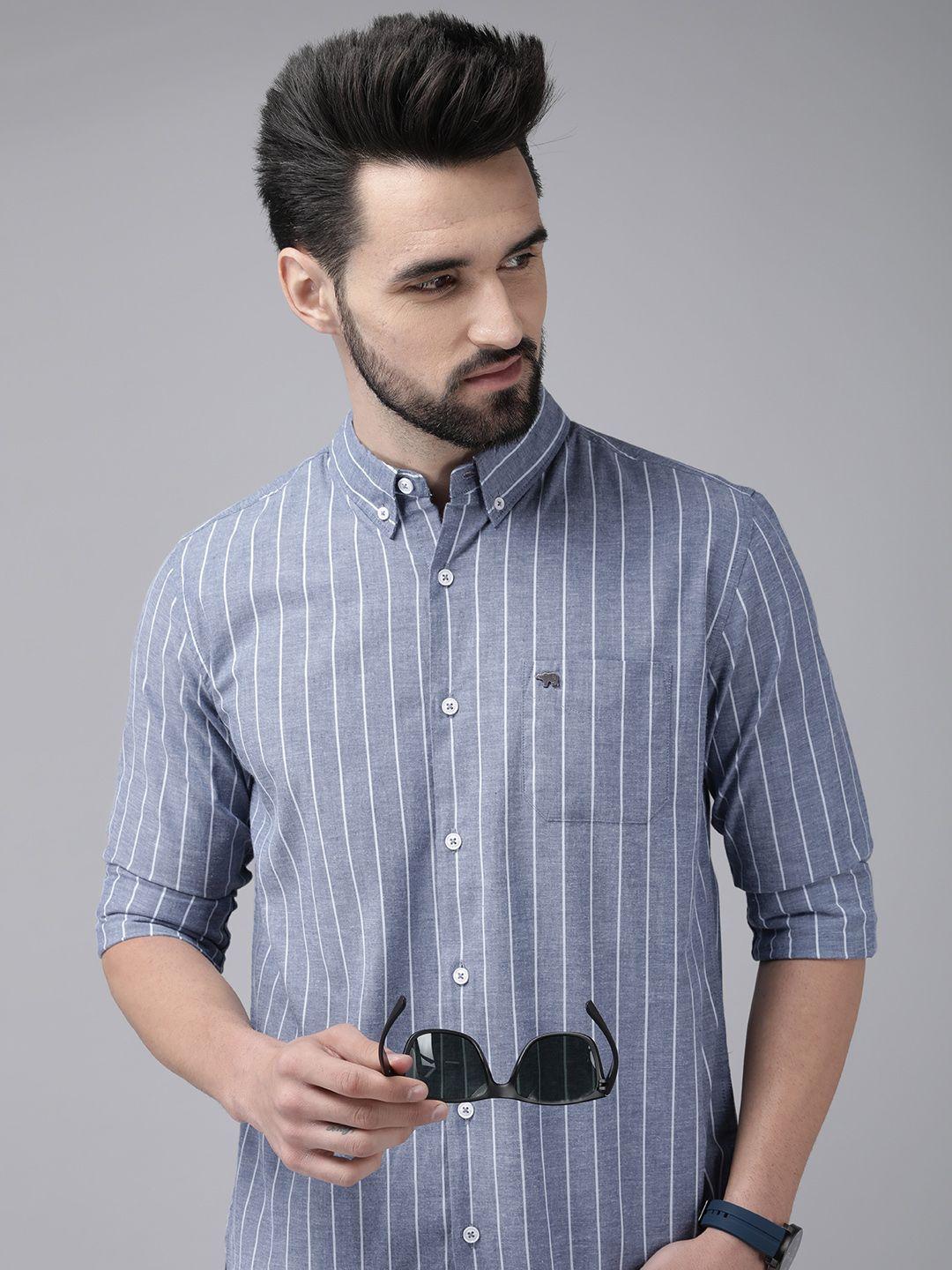 the bear house men blue& white pure cotton slim fit striped casual shirt