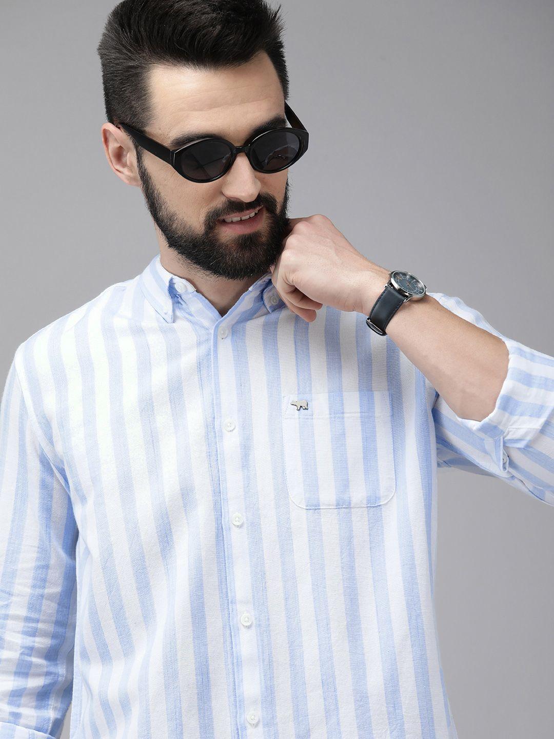 the bear house men blue & white slim fit striped cotton casual shirt