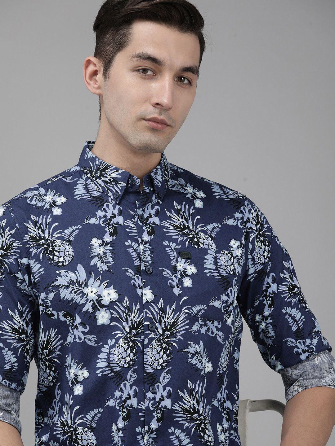 the bear house men blue slim fit floral print pure cotton casual shirt