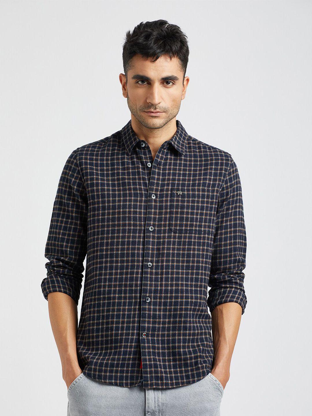 the bear house men blue slim fit grid tattersall checks opaque checked casual shirt