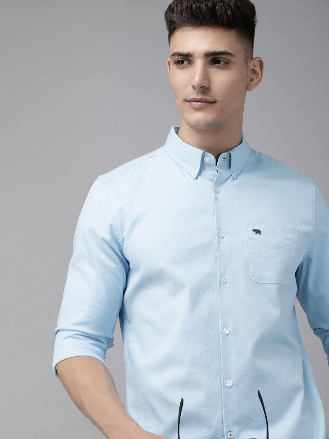 the bear house men blue slim fit opaque casual shirt