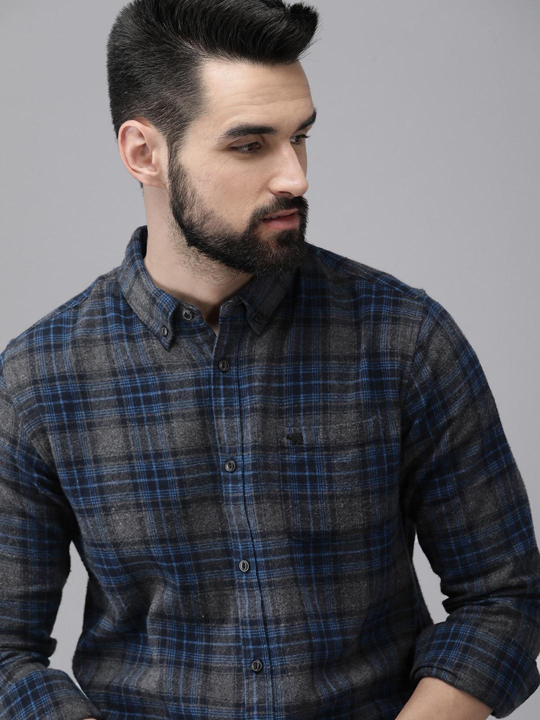 the bear house men charcoal grey & blue slim fit checked flannel cotton shirt