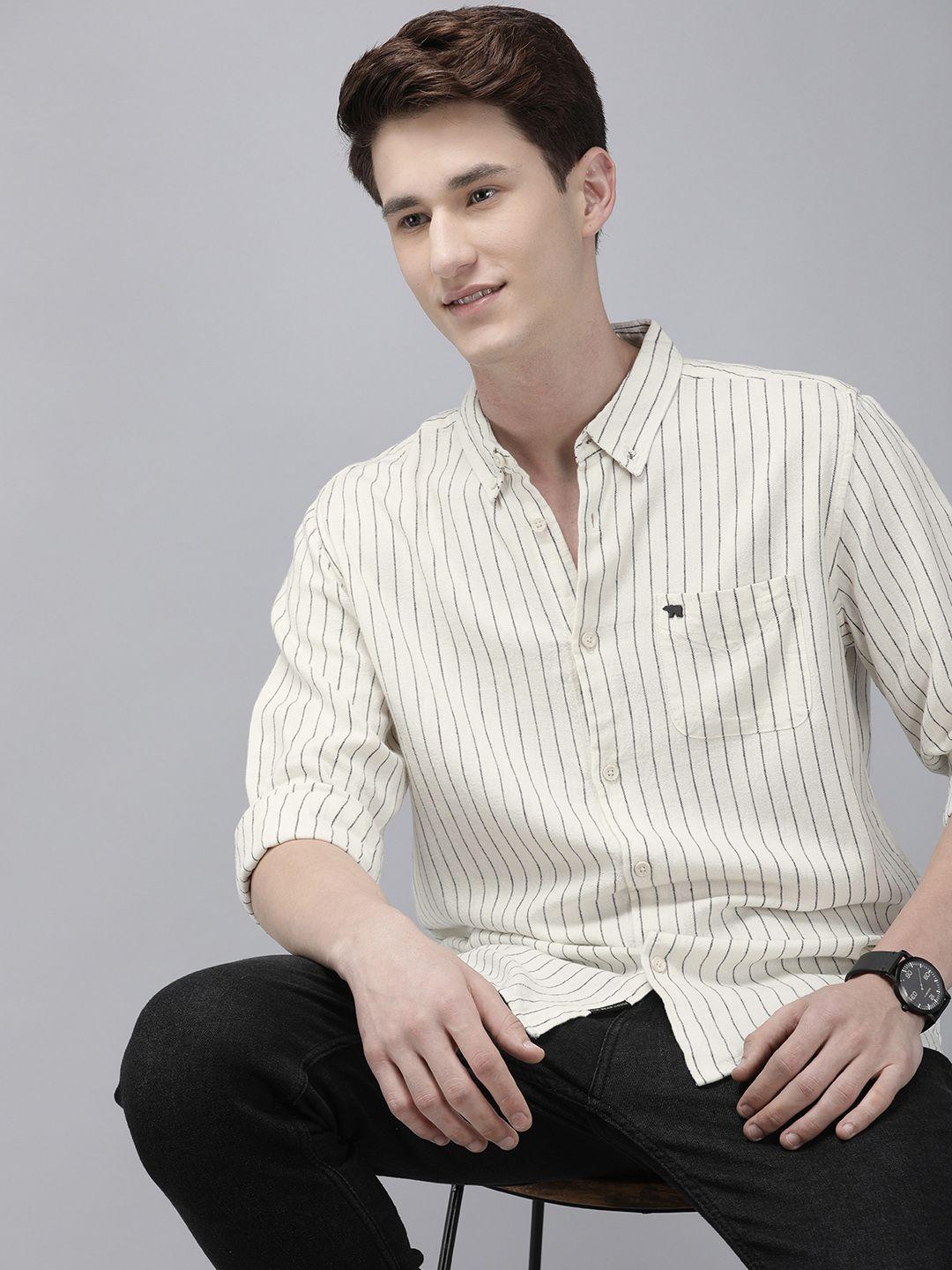 the bear house men cream-coloured cotton slim fit pinstripes striped casual shirt