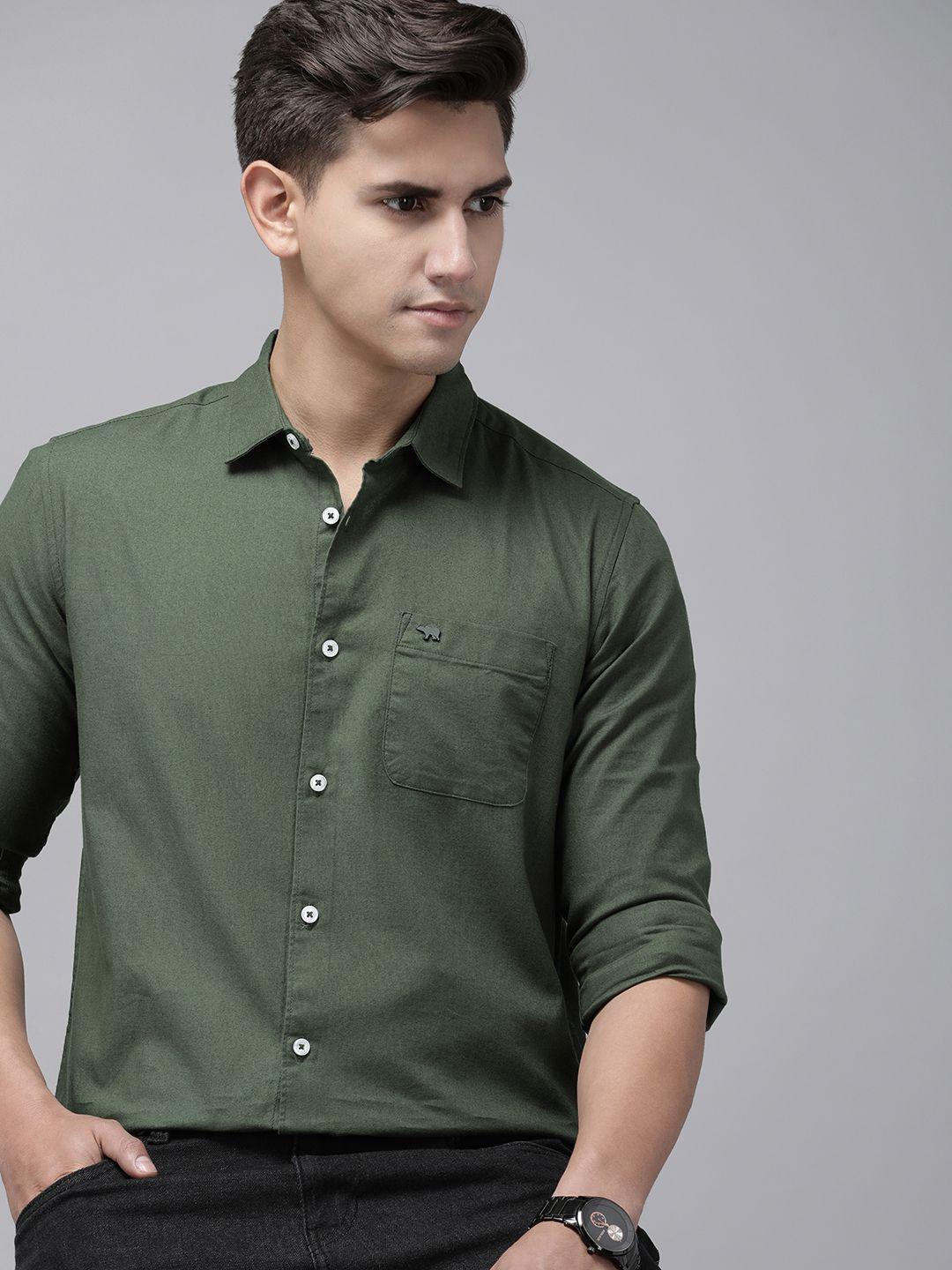 the bear house men green solid cotton slim fit casual shirt