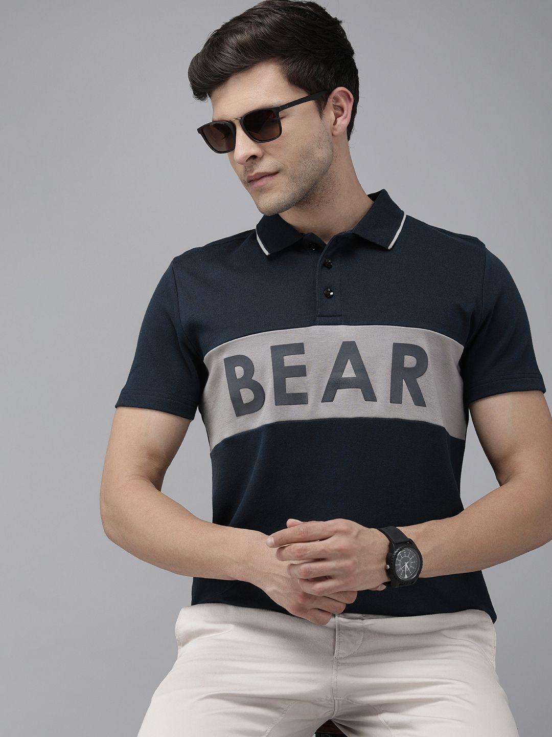 the bear house men grey & navy blue colourblocked polo collar slim fit cotton t-shirt