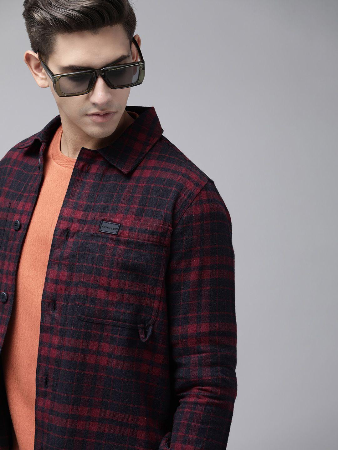 the bear house men maroon & black pure cotton gingham checked casual shacket