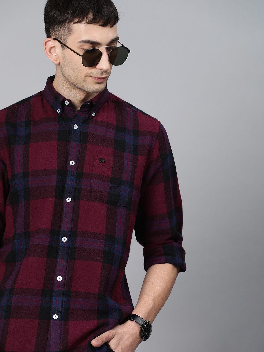 the bear house men maroon & navy blue slim fit checked flannel casual shirt