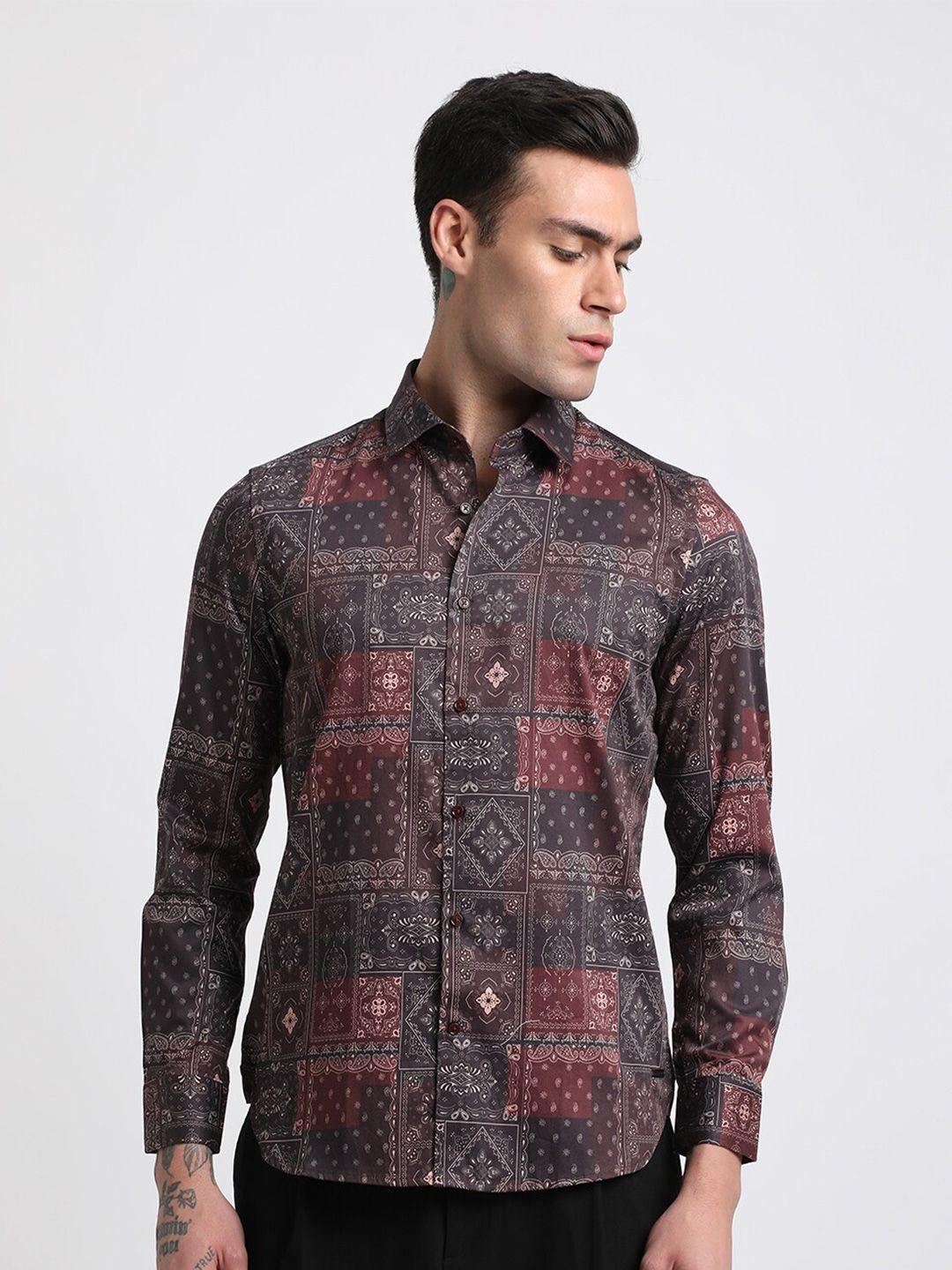 the bear house men maroon slim fit opaque printed casual shirt
