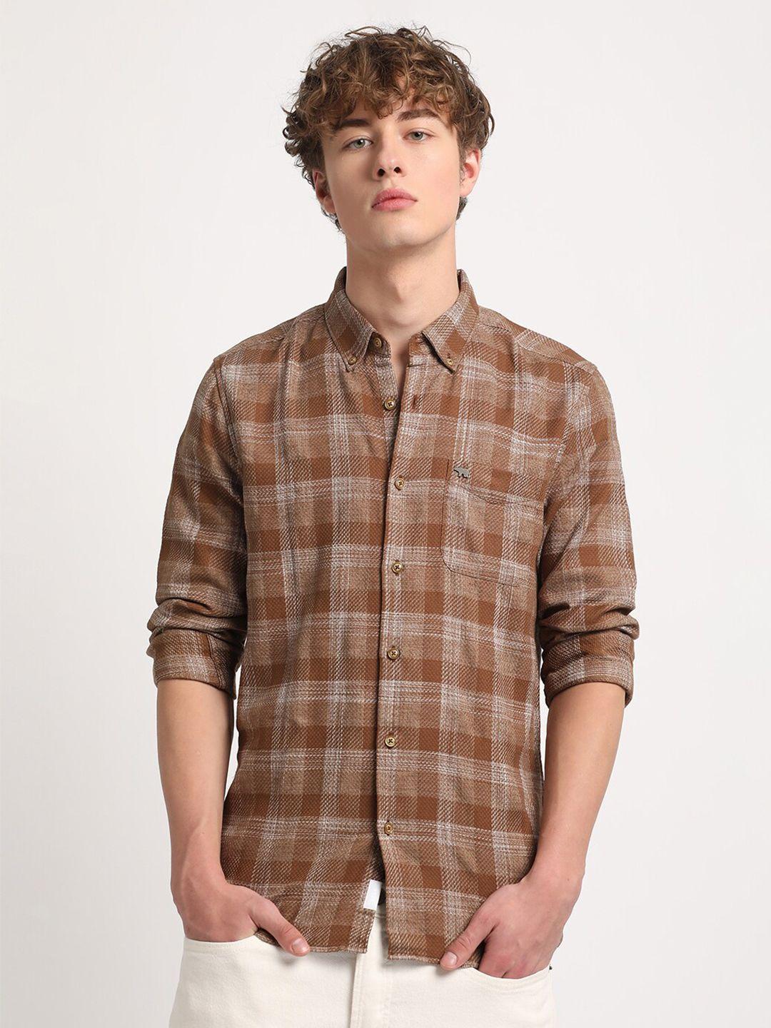 the bear house men mustard slim fit opaque checked casual shirt